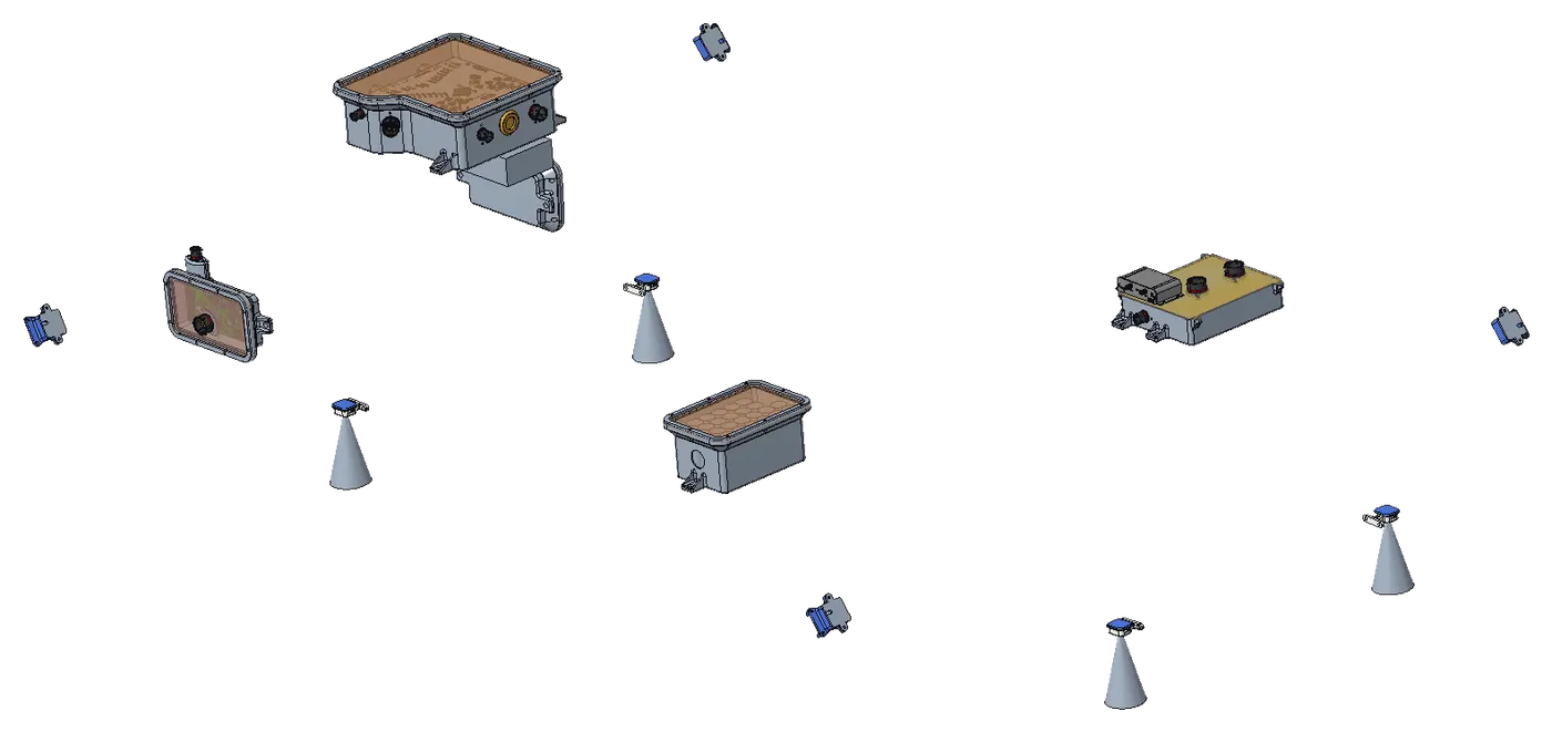 CAD render of the low-voltage system: the power distribution box, low-voltage battery enclosure, dashboard, time-of-flight sensors and IMUs laid out together