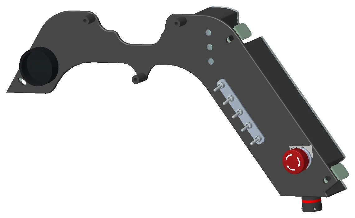 CAD render of the dashboard from the driver's side, showing the button strip, indicator lights and the red emergency stop button