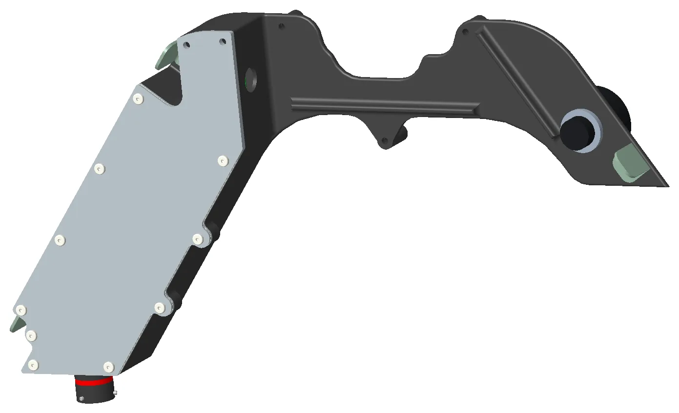 CAD render of the back of the dashboard, showing the bolted cover plate over the electronics bay and the connector at the lower edge