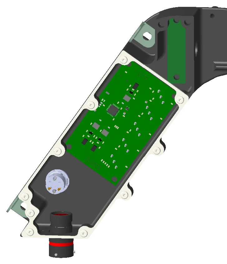 The dashboard with its rear cover removed, showing the circuit board seated in the sealed cavity and the connectors on the lower face