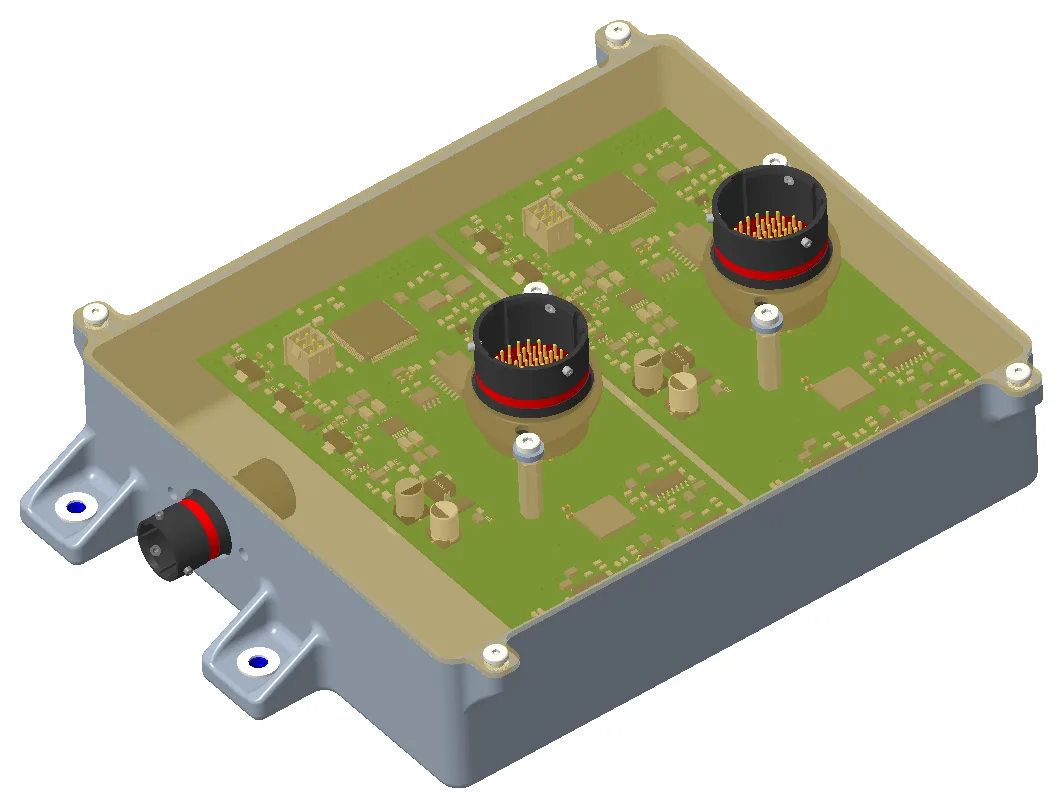 CAD render of the front sensor board enclosure with a transparent lid, showing two green circuit boards inside, two circular bulkhead connectors and a smaller side connector