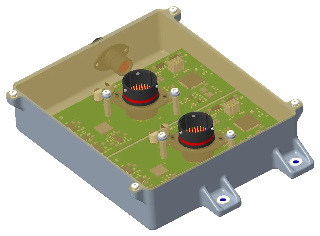 Opposite isometric view of the front sensor board enclosure, showing the mounting tabs and the two connectors standing off the boards
