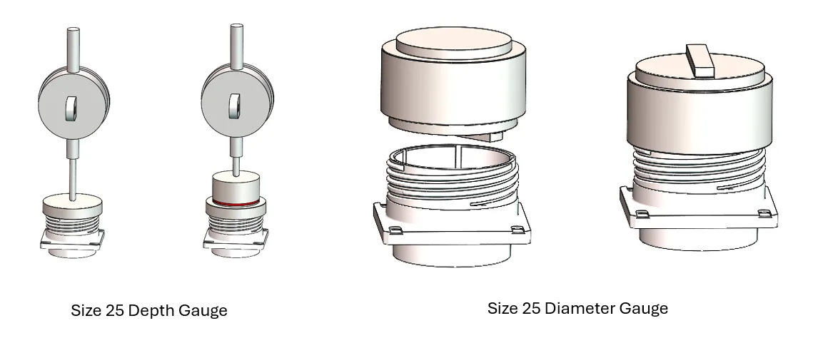 CAD renders of two connector gauges: a size 25 depth gauge with a dial indicator, and a size 25 diameter gauge shown exploded and assembled