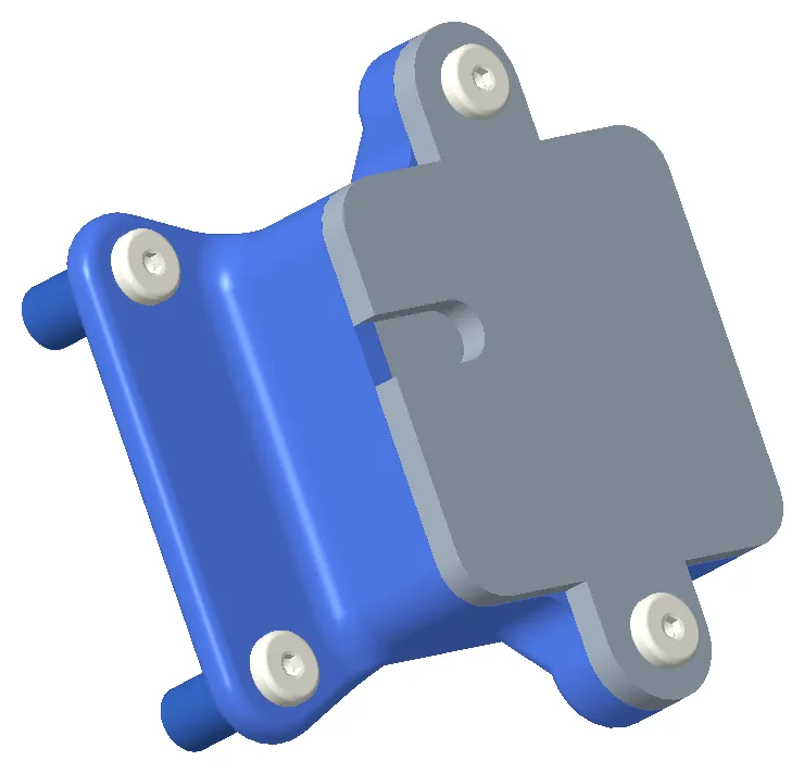 CAD render of the IMU enclosure — a small blue housing with a grey cover plate bolted down at four countersunk corners