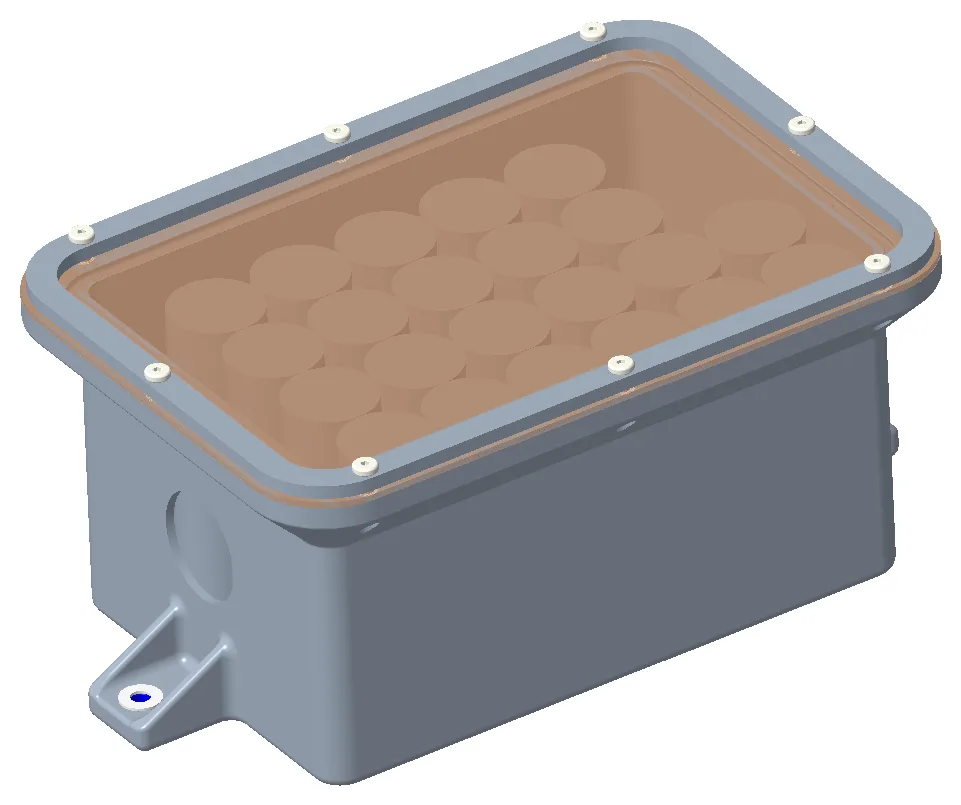 CAD render of the low-voltage battery enclosure with the lid transparent, showing the cylindrical cells packed inside and the gasket groove around the sealing face