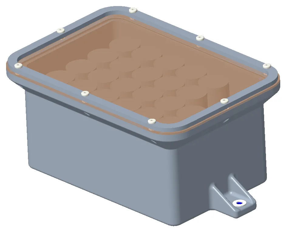Second isometric view of the low-voltage battery enclosure, showing the bolted lid perimeter and the mounting tab on the side wall