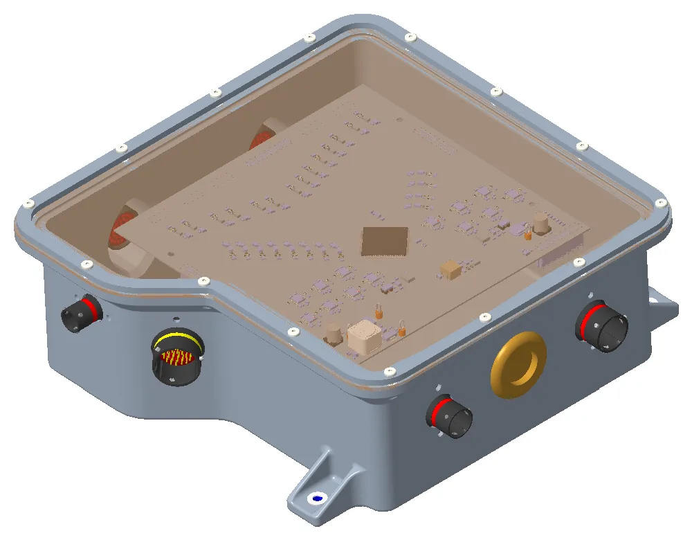 CAD render of the power distribution box with the lid removed, showing the sealed housing, the internal board and the circular connectors on two faces