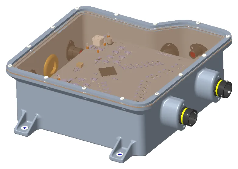 Opposite isometric view of the power distribution box, showing the mounting tabs and the remaining two circular connectors