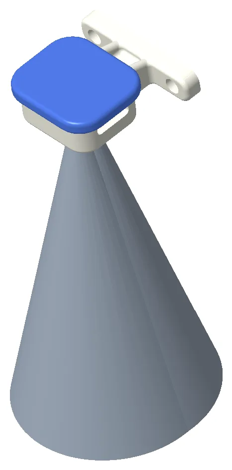 The time-of-flight enclosure with the sensor's conical field of view projected below it, used to check the bracket never clips the sensor's view