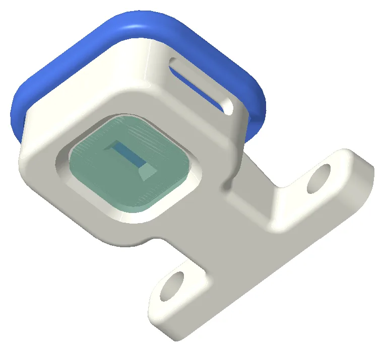 CAD render of the time-of-flight sensor enclosure, showing the sensor window recessed into the printed bracket and the two bolt holes on the mounting foot