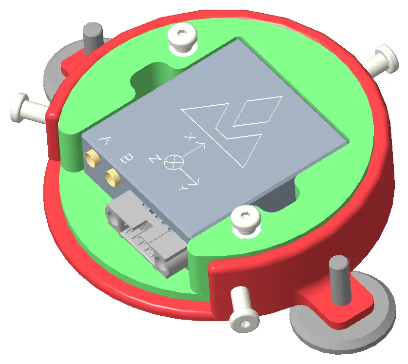 The VNAV enclosure with the lid removed, showing the navigation board inside with its axis triad marking, two antenna connectors and the data connector